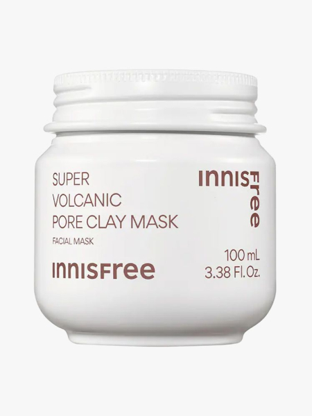 Innisfree Super Volcanic AHA Pore Clearing Clay Mask in branded tub component on a light gray background
