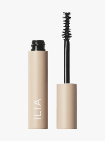 Ilia Fullest Volumizing Mascara in branded component on a light gray background