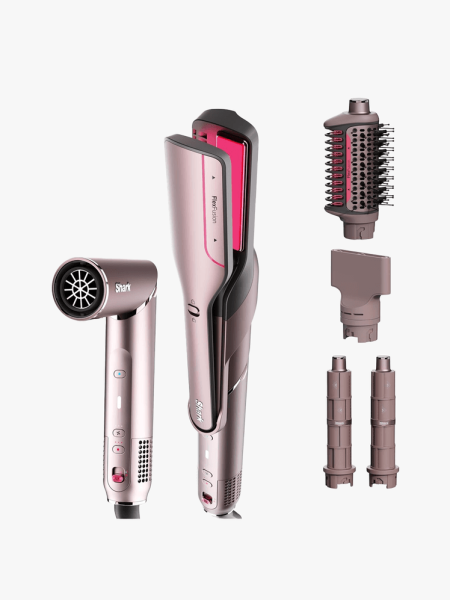 Shark FlexFusion Ceramic Air Styler in multiple branded components on a light gray background