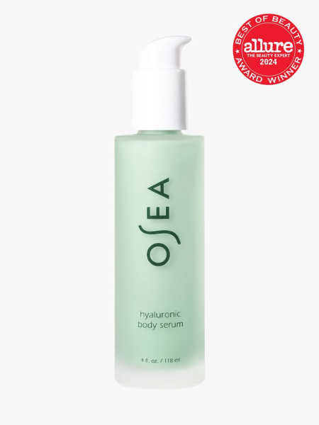 body serum in branded clear bottle with white pump on light gray background with red and white 2024 allure best of beauty seal